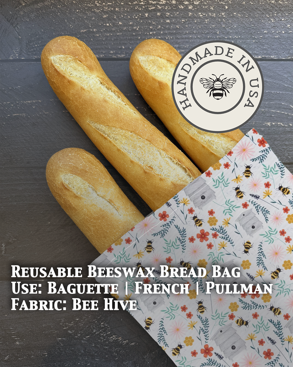 Beeswaxed Baguette bag from Five Oaks Farm with bee hive design, natural farm-style bag for bread storage and carrying.