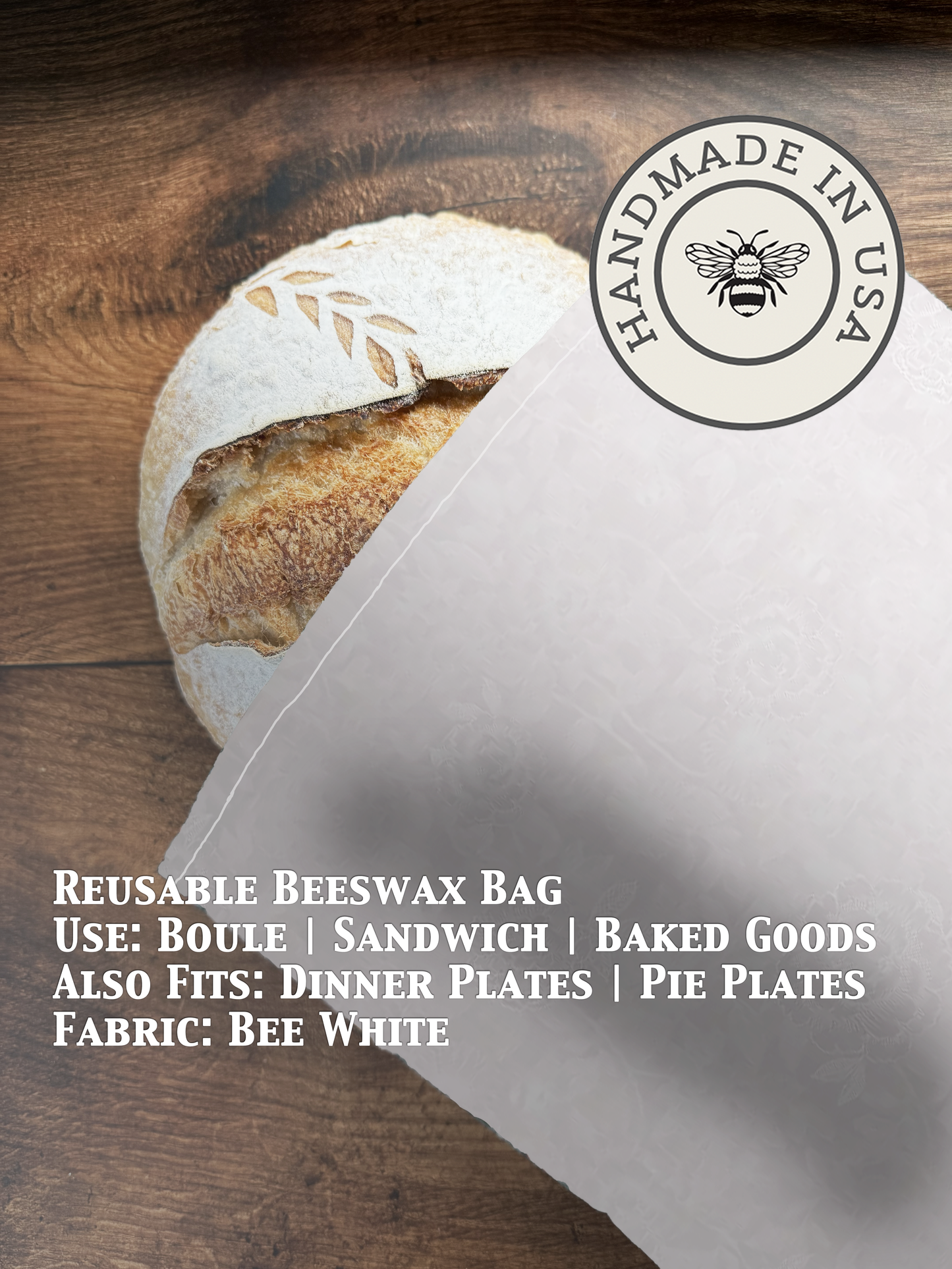 White beeswaxed bread bag from Five Oaks Farm, eco-friendly and reusable for storing fresh bread.