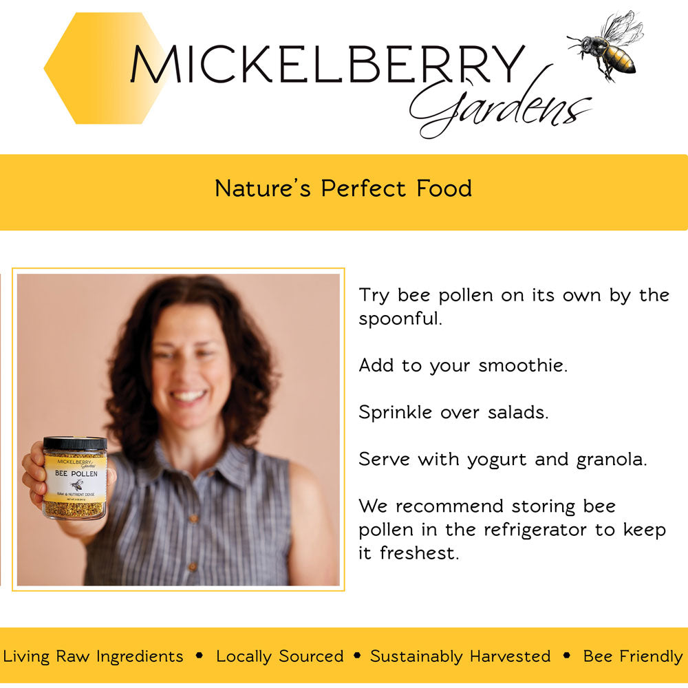 Bee pollen sprinkled on yogurt and granola in a bowl, showcasing Mickelberry Gardens bee pollen as a nutritious topping.