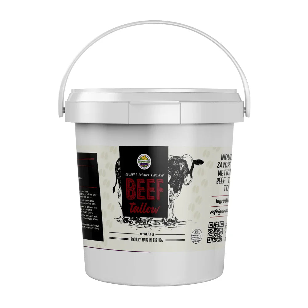 Rendered beef tallow from Cornhusker Kitchen, 1.5 lb, non-GMO beef fat in a clear container, ready for cooking or baking.