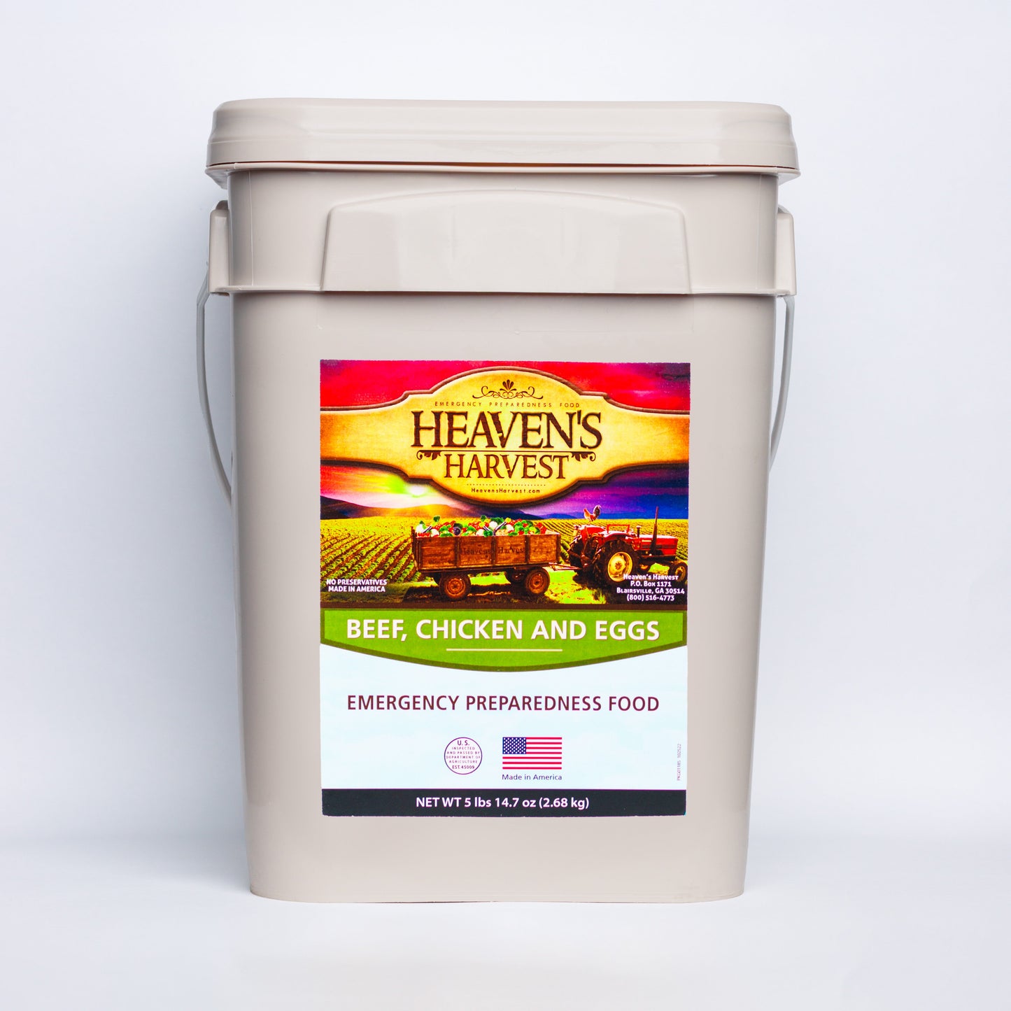 Beef, chicken, and eggs protein booster bucket by Heaven's Harvest with 132 servings for emergency survival food storage.