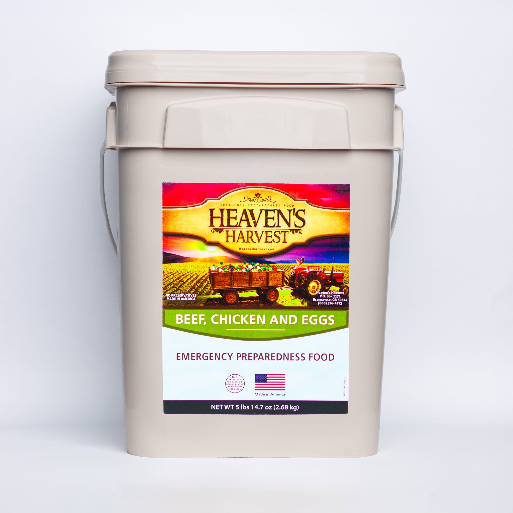 Beef, chicken, and eggs protein booster bucket by Heaven's Harvest with 132 servings for emergency survival food storage.