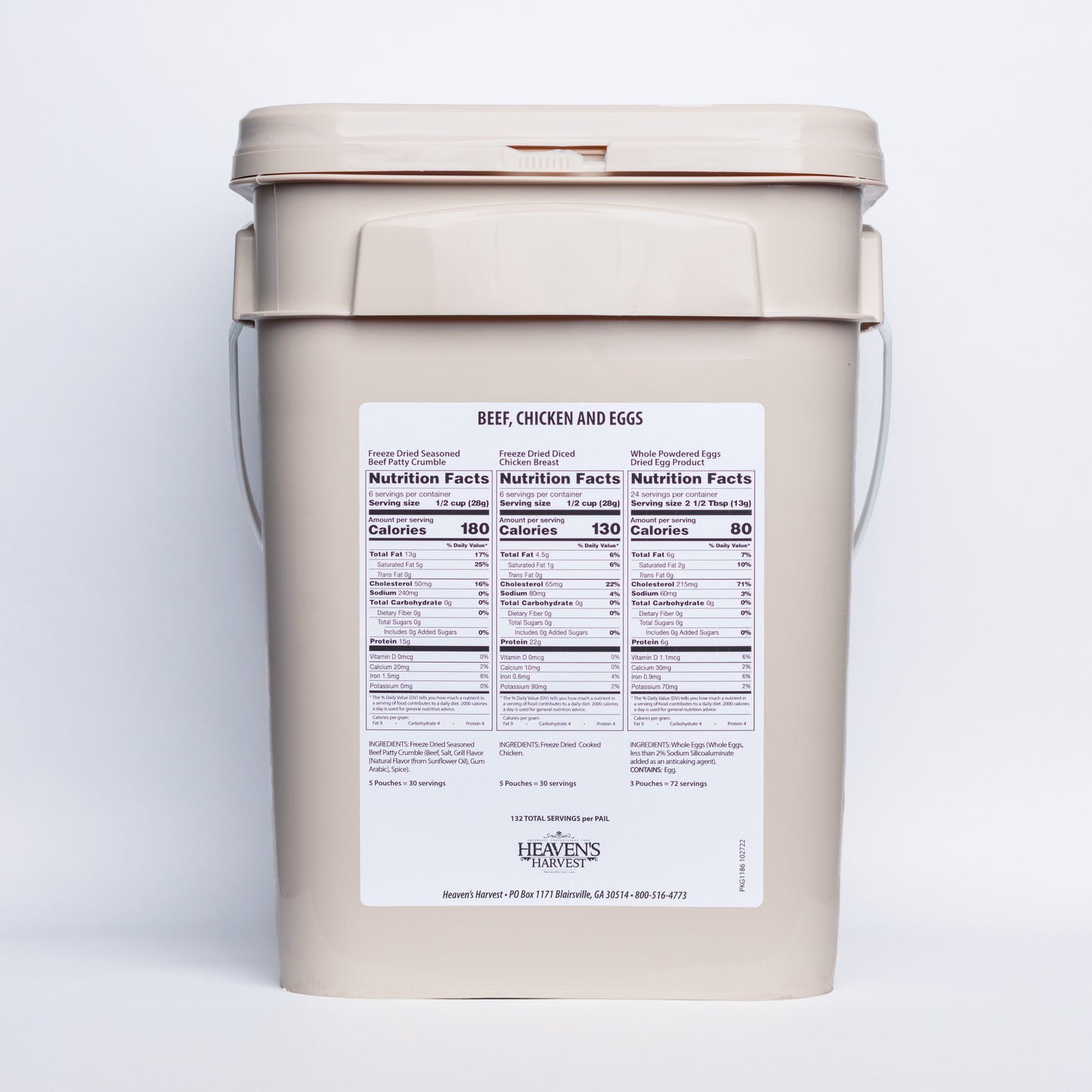 Heaven's Harvest protein booster bucket with beef, chicken, and eggs, 132 servings, emergency survival food kit for one person.