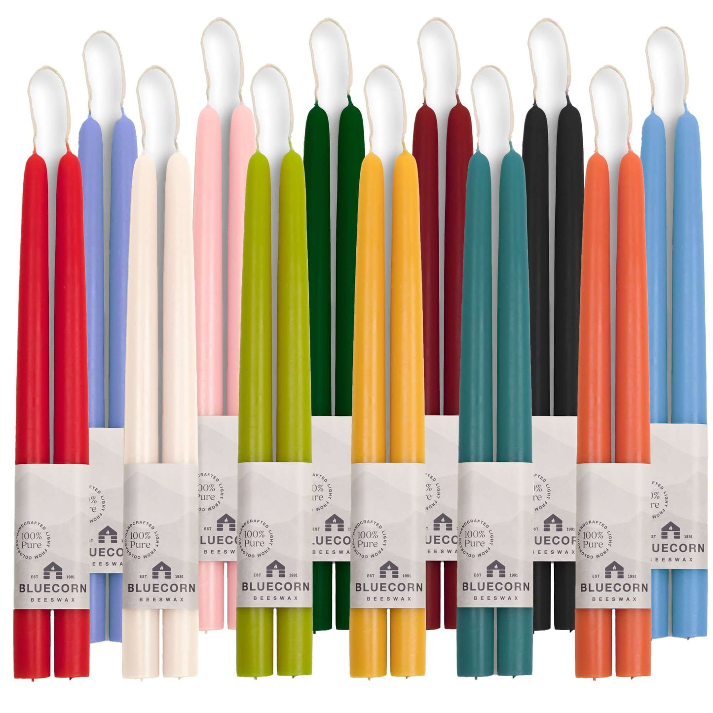 Group of four pairs of Bluecorn Candles hand-dipped beeswax taper candles in a bundle, perfect for warm fall and winter ambiance.