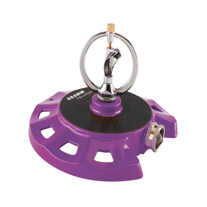 Dramm ColorStorm spinning sprinkler in berry color, designed for garden watering and irrigation, by Rivendell Distribution.