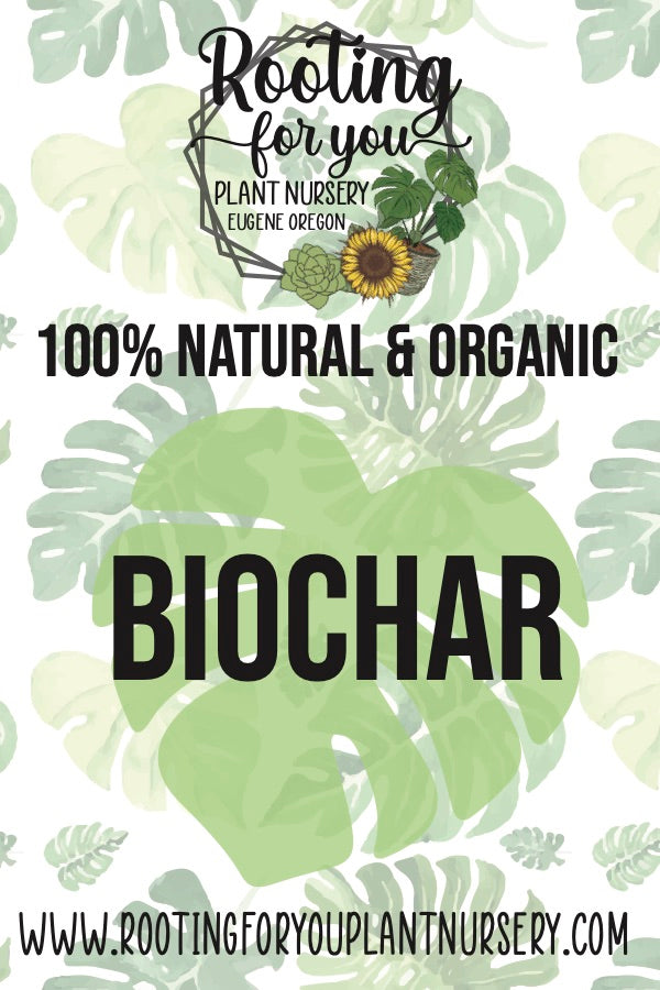 BioChar soil amendment by Rooting For You Plant Nursery showing dark, porous biochar compost for enriching garden soil.