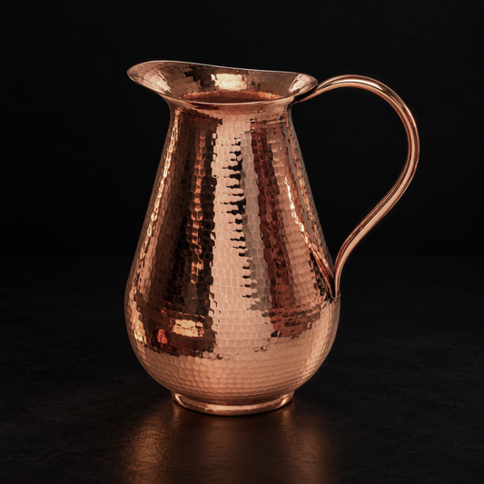Sertodo Bisotun copper water pitcher with a rounded body and hammered finish, featuring a spout and handle for pouring.