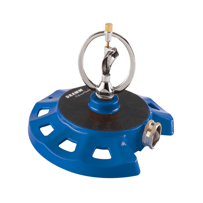Blue Dramm ColorStorm Spinning Sprinkler from Rivendell Distribution, garden watering tool with rotating spray head.