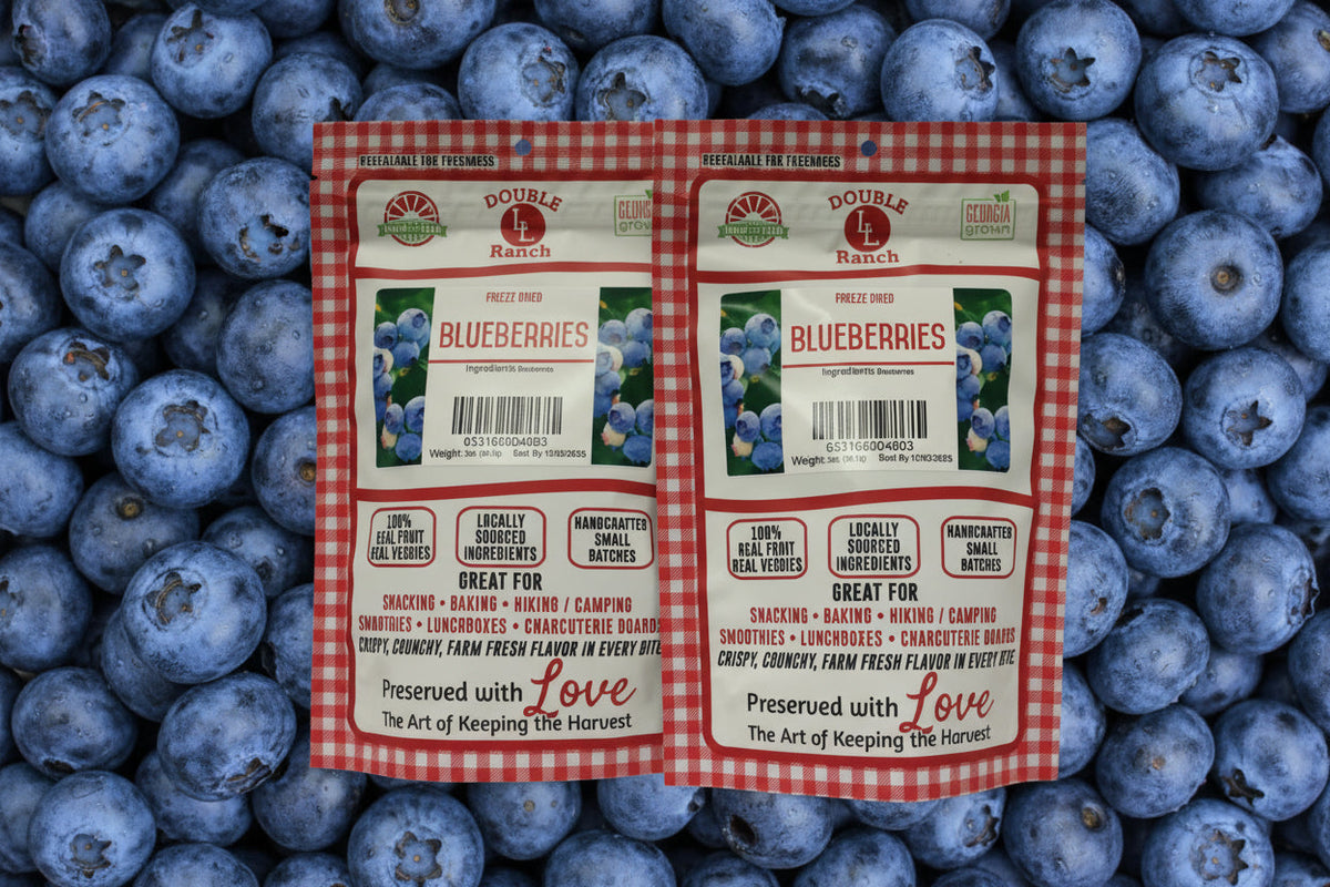 Freeze-dried blueberries from Double L Ranch in a close-up image showcasing vibrant blue berries on a white background.