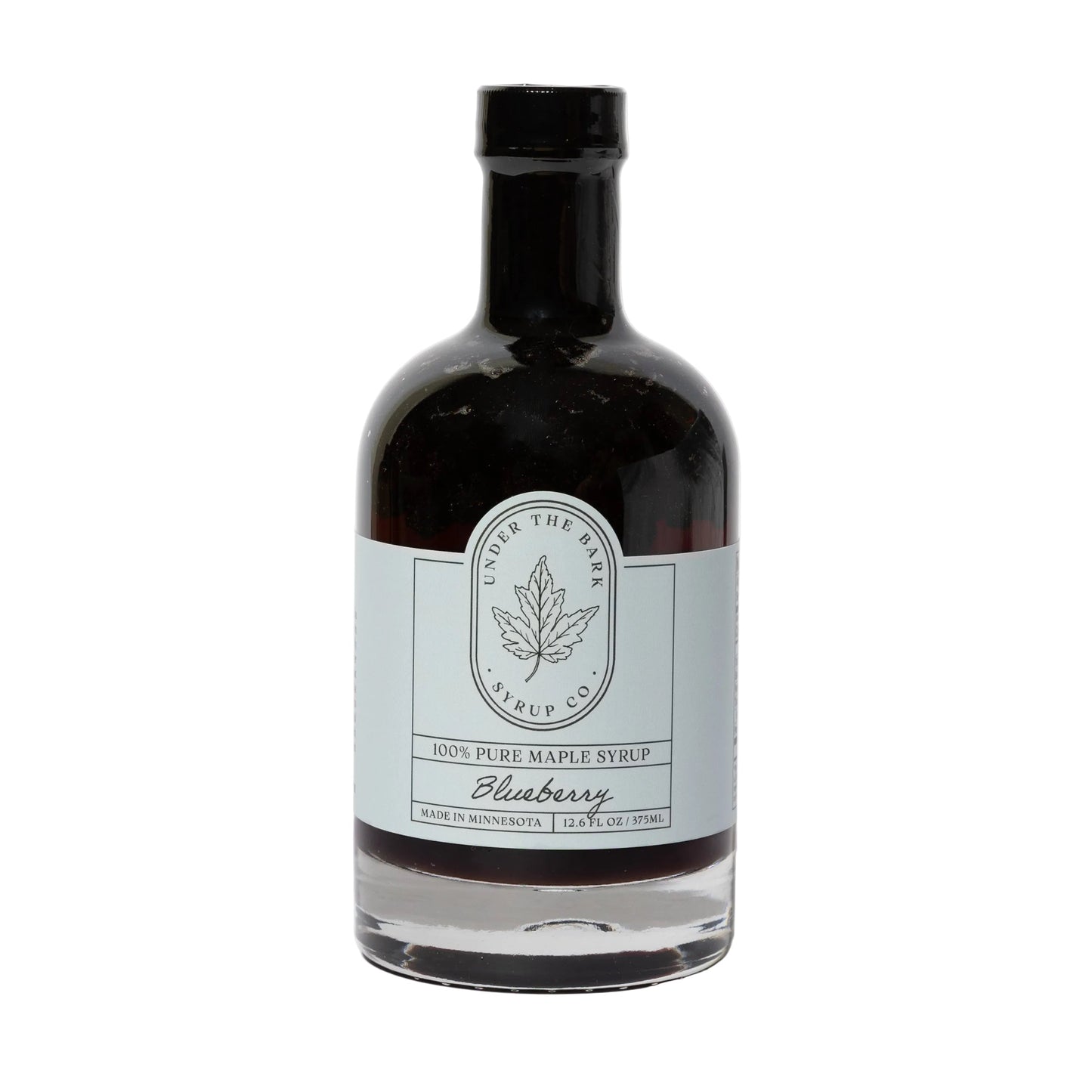 12oz bottle of Blueberry Maple Syrup from Under The Bark Syrup Co, featuring a rich blueberry and maple flavor.