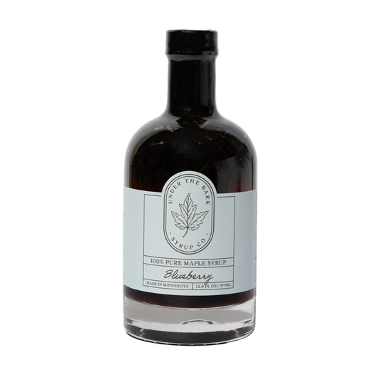 12oz bottle of Blueberry Maple Syrup from Under The Bark Syrup Co, featuring a rich blueberry and maple flavor.
