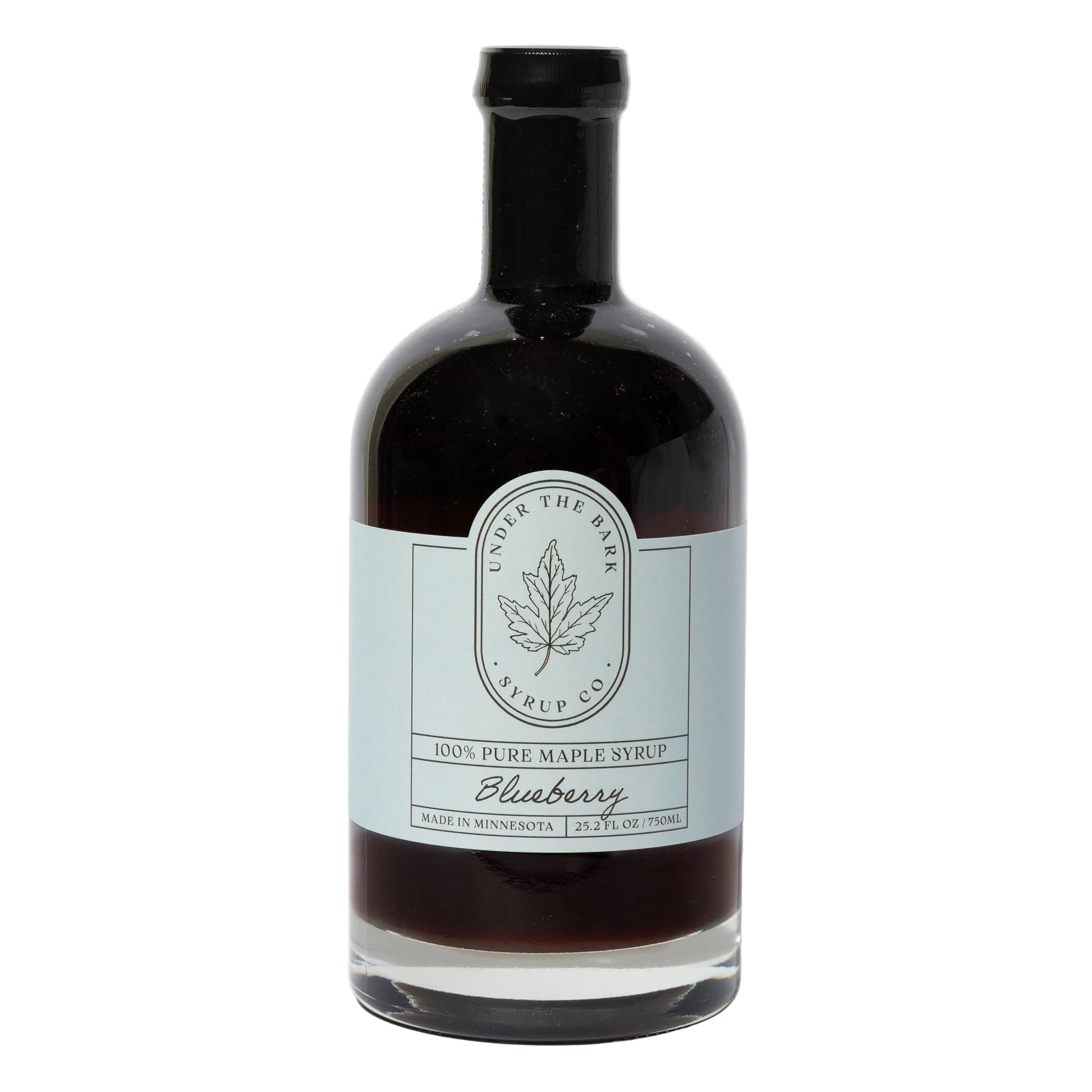 25oz bottle of Blueberry Maple Syrup by Under The Bark Syrup Co, featuring a rich blueberry and maple flavor in a clear glass bottle.