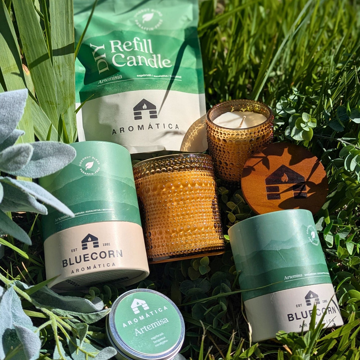 Bluecorn Candles Aromática scented candle refill kit with coconut wax, featuring natural candle and sage for aromatherapy.