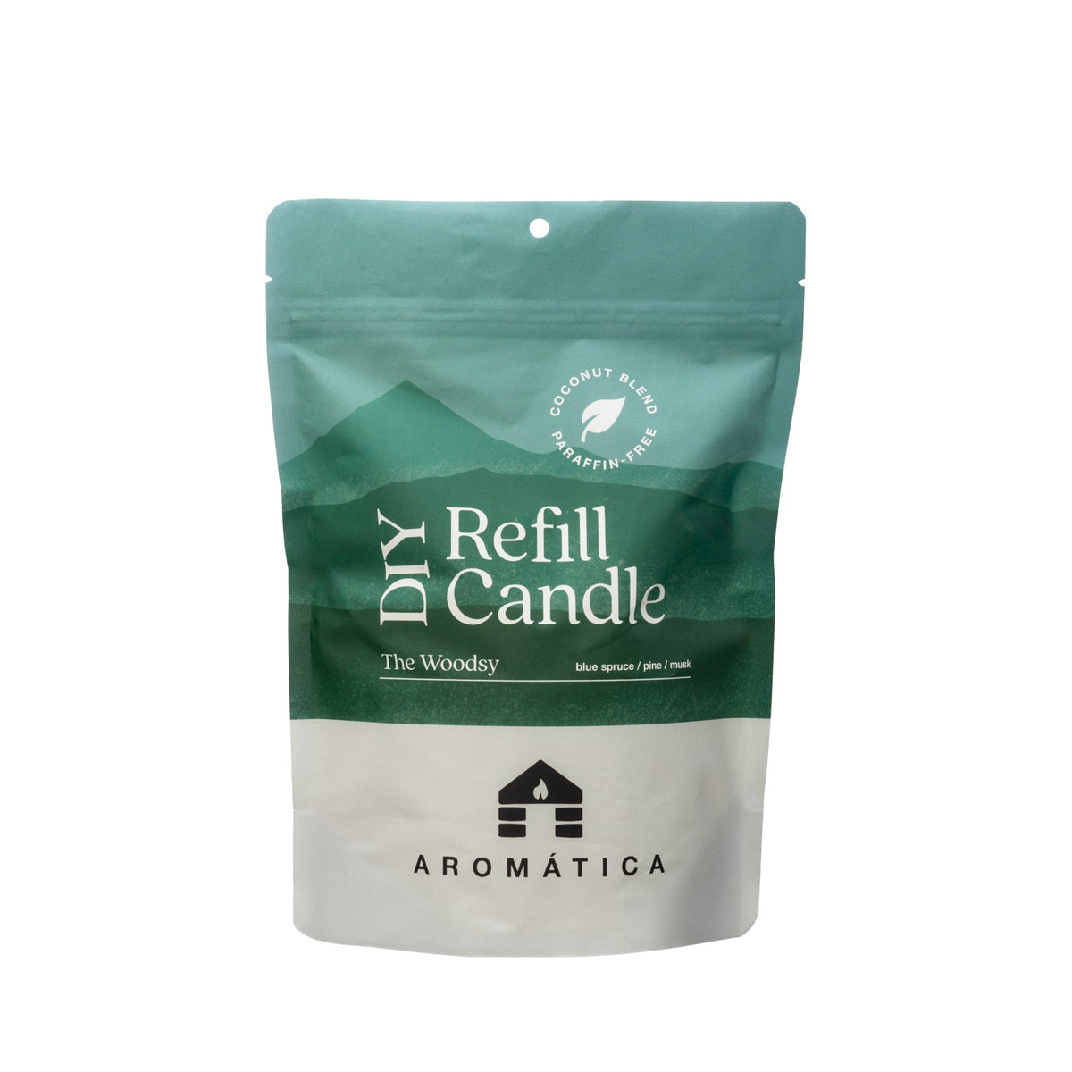 Bluecorn Candles Aromática scented candle refill kit with woodsy pine fragrance, includes refill containers and wick for candle renewal.