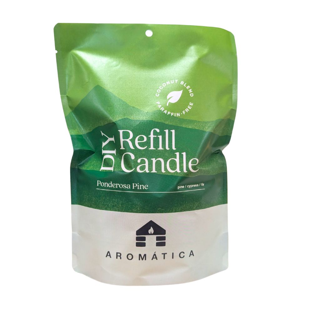 Bluecorn Candles Aromática scented candle refill kit with pine fragrance, displayed on a white background.