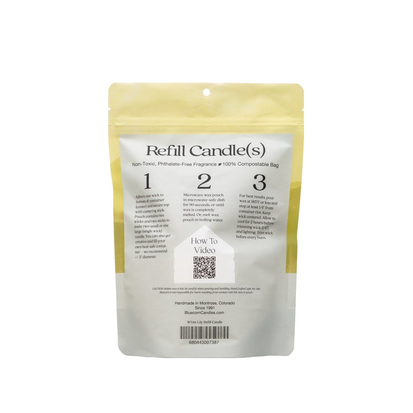 Bluecorn Candles Aromática Scented Candle Refill Kit with white lily scented candle and a step-by-step refill guide.