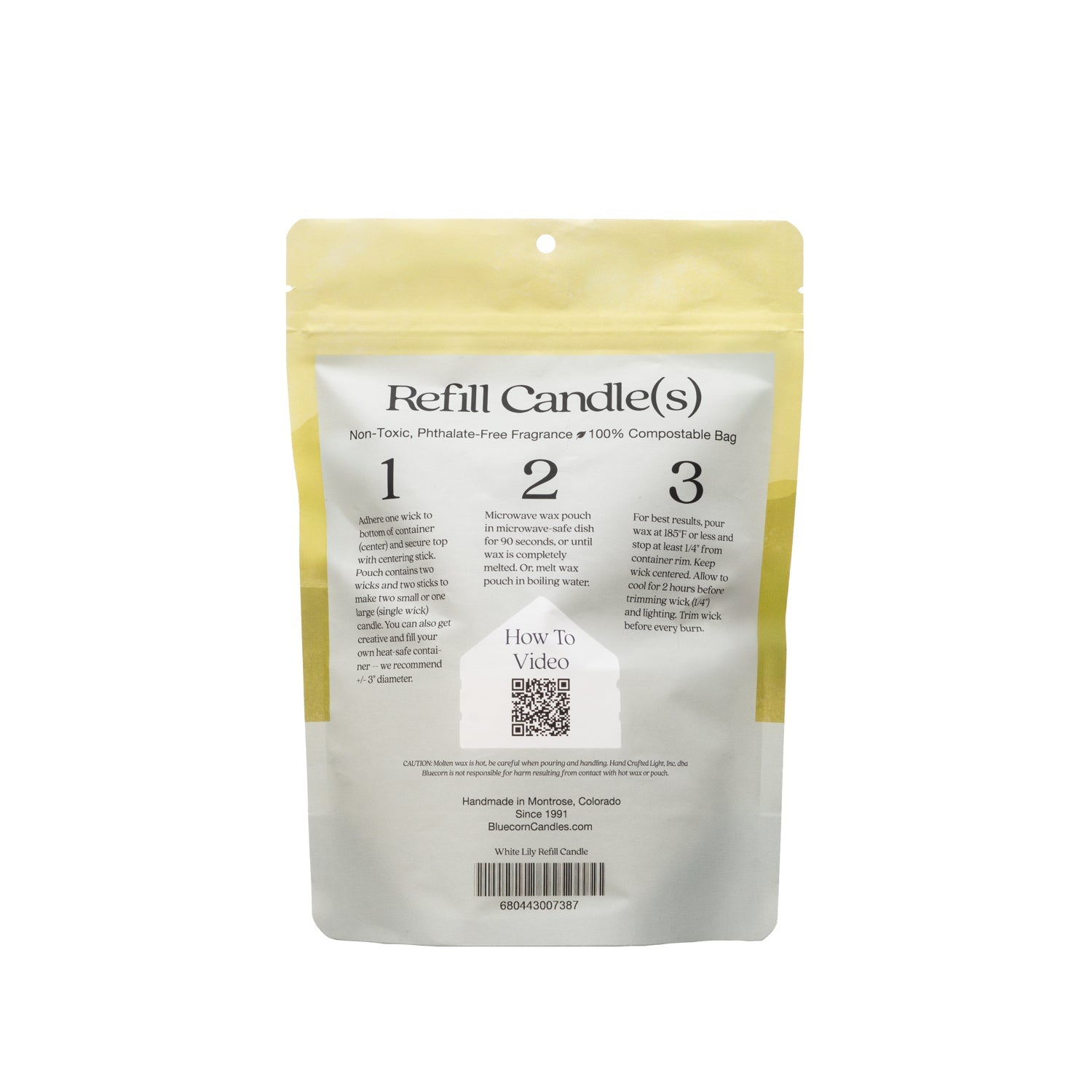 Bluecorn Candles Aromática Scented Candle Refill Kit with white lily scented candle and a step-by-step refill guide.