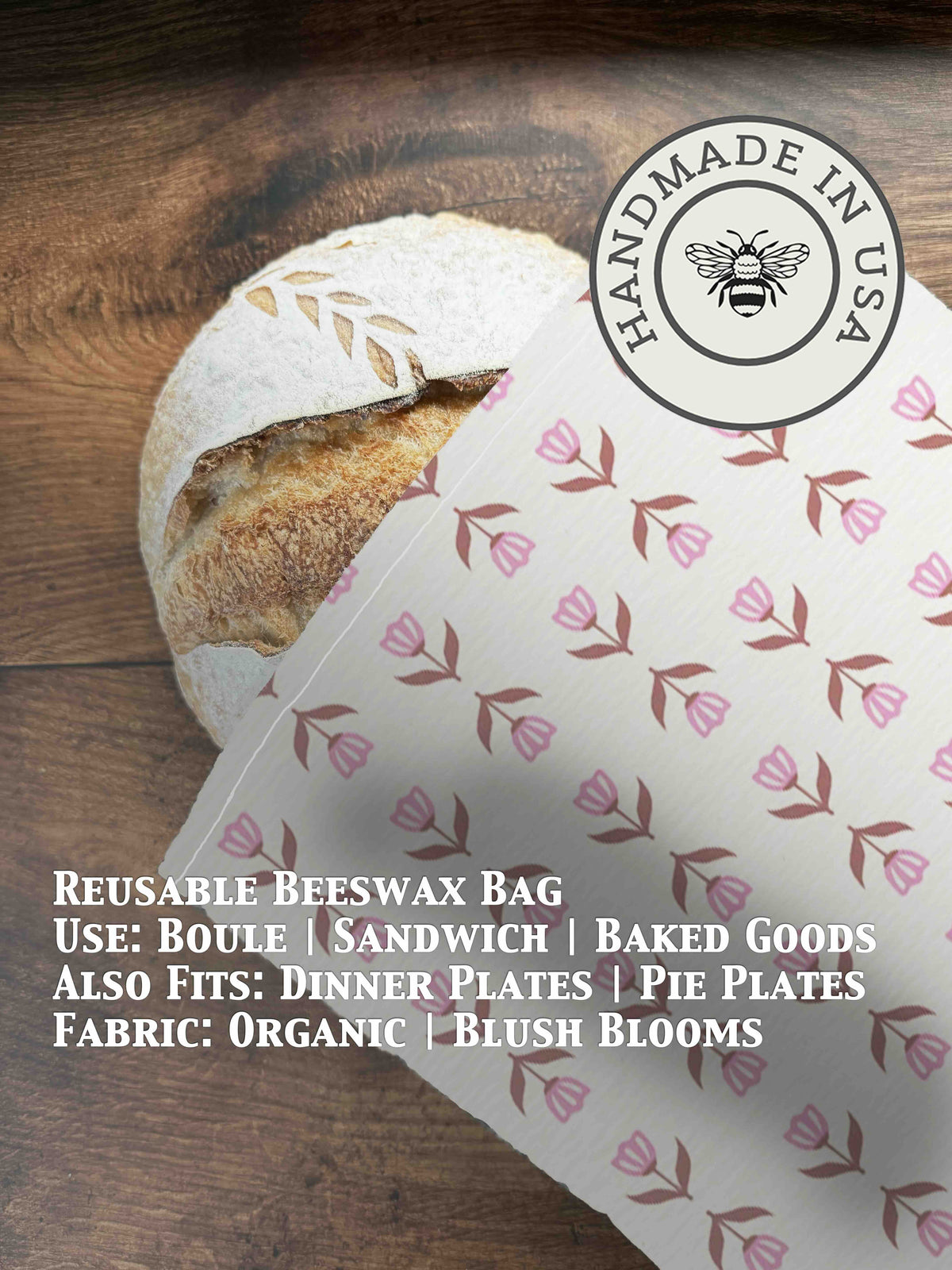 Beeswaxed bread bag from Five Oaks Farm with blush floral design, reusable and eco-friendly storage for bread and baked goods.