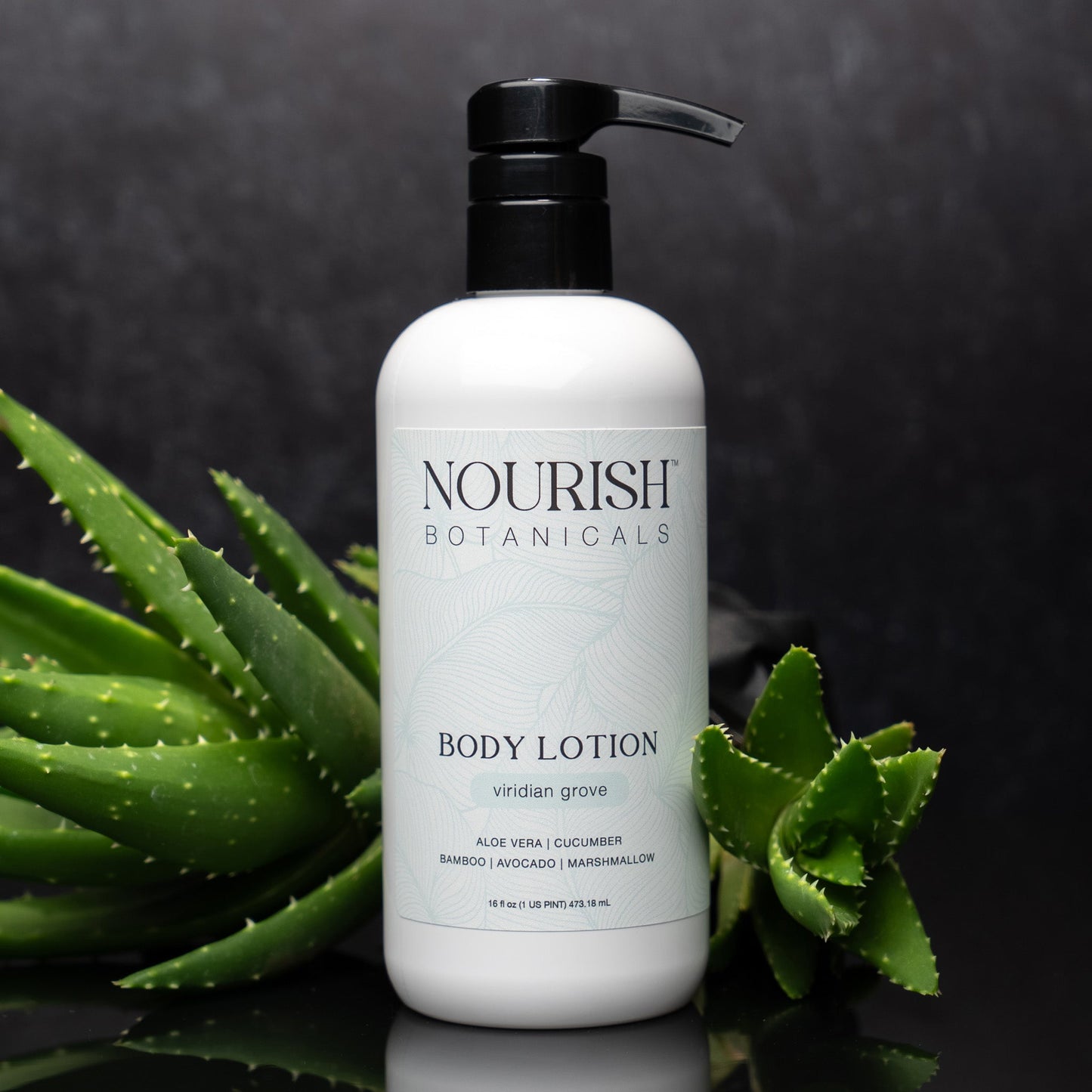 Rustic Strength Aloe Vera Body Lotion by Viridian Grove in a 16 oz bottle, showing a white lotion with aloe vera leaves.