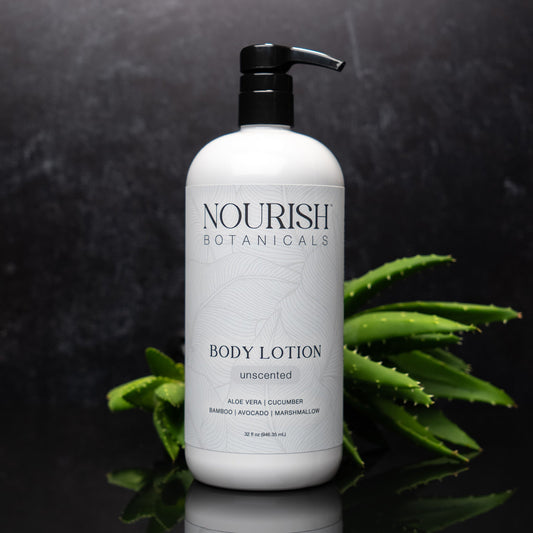 Rustic Strength Aloe Vera Body Lotion in a 32oz unscented bottle, showing the lotion container with a simple label.