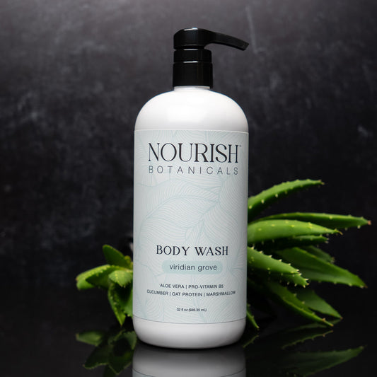 Rustic Strength Aloe Vera Body Wash in a 32oz bottle, featuring a clear liquid with aloe vera extracts and natural ingredients.