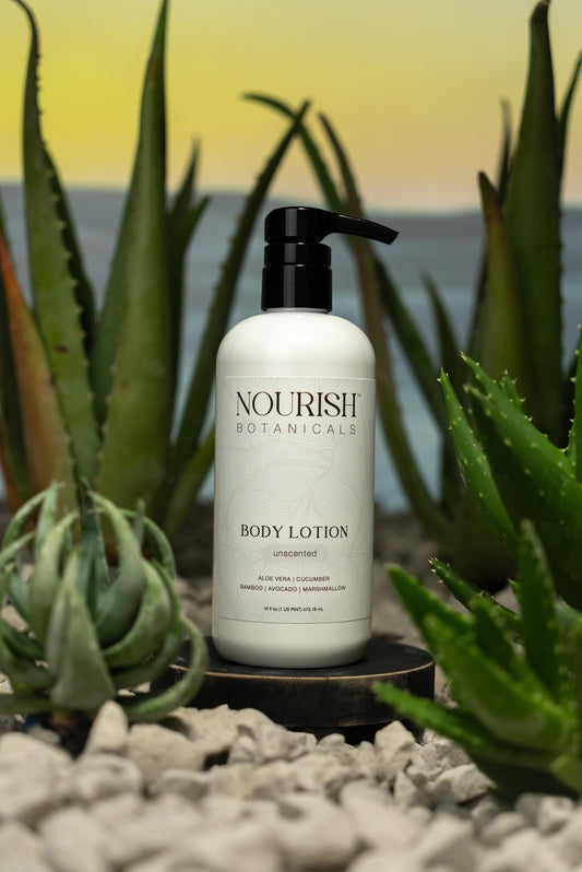 Rustic Strength unscented Aloe Vera body lotion bottle with white pump dispenser, showcasing the product's clean, soothing design.