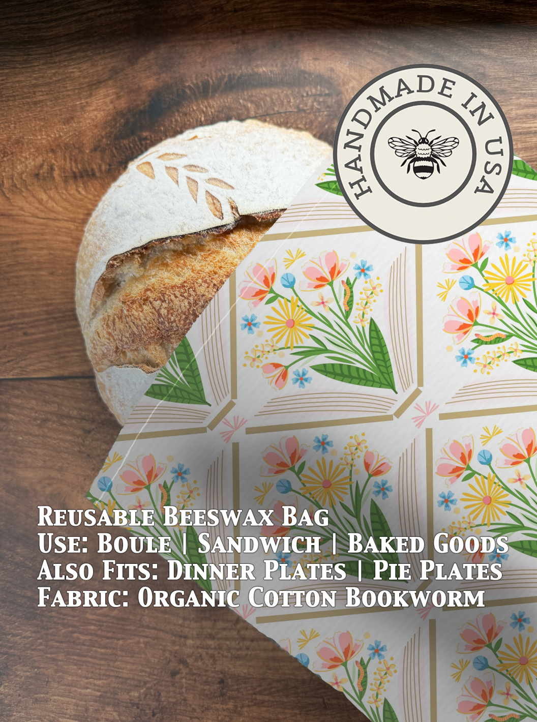 Beeswaxed bread bag from Five Oaks Farm with a bookworm illustration, natural fabric for storing bread in eco-friendly style.
