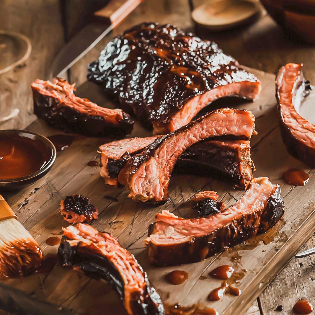 Limited edition Pig of the Month BBQ bourbon barrel smoked ribs, showcasing juicy, glazed ribs with smoky charred edges.