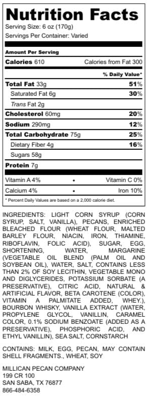 Nutritional label for Millican Pecan Southern Bourbon Pecan Pie, featuring a rich pecan filling with bourbon flavor.