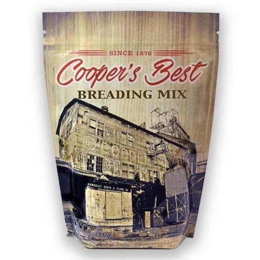 Cooper's Best Breading Mix in a 2.5 lb bag, featuring golden seasoned flour for crispy coating and flavorful frying.