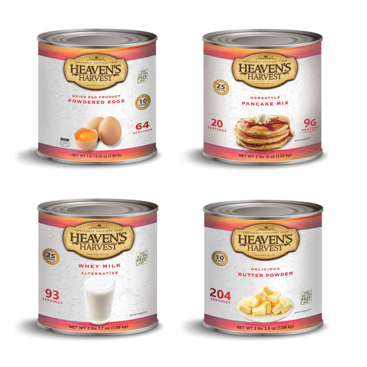 Heaven's Harvest Breakfast Bundle with multiple #10 cans of breakfast essentials, including grains, oats, and mixes for easy meal prep.