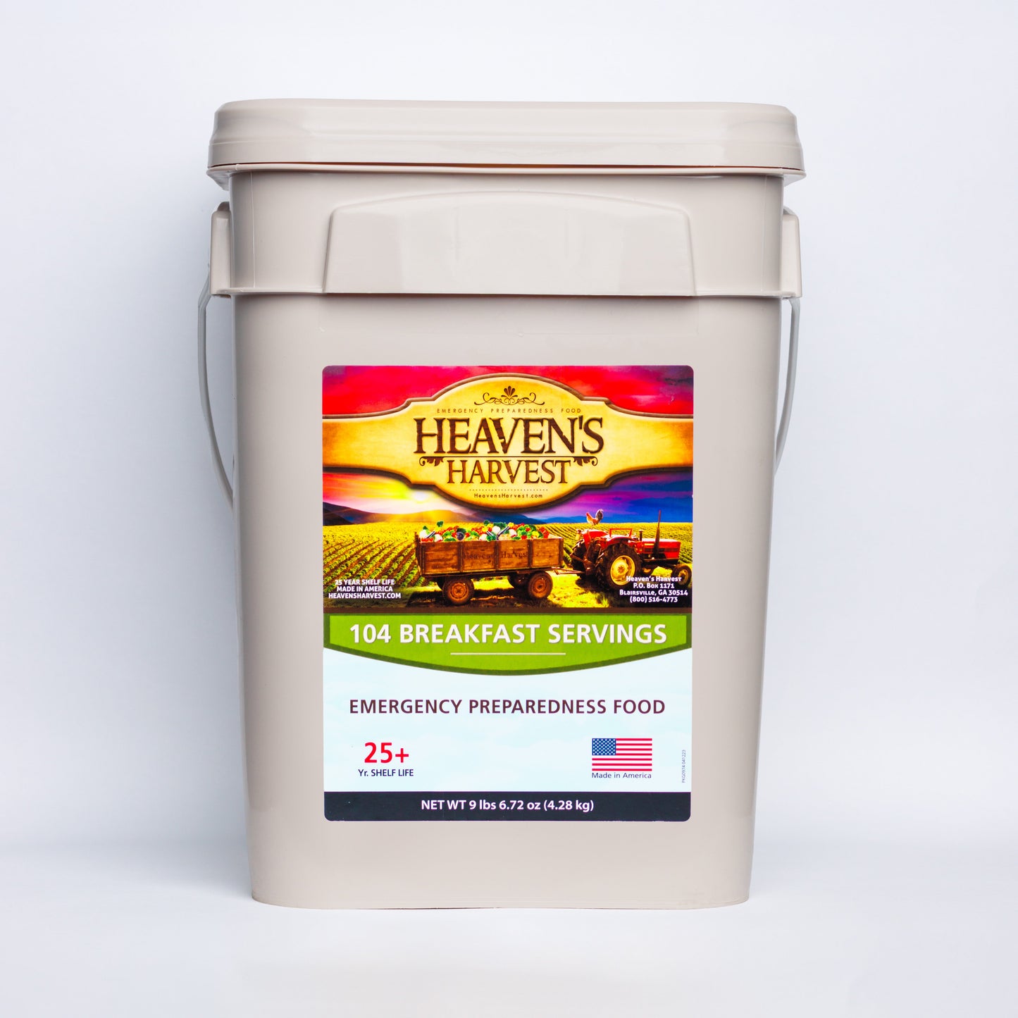Heaven's Harvest breakfast bucket with 104 servings of emergency survival food for one person, designed for one month.