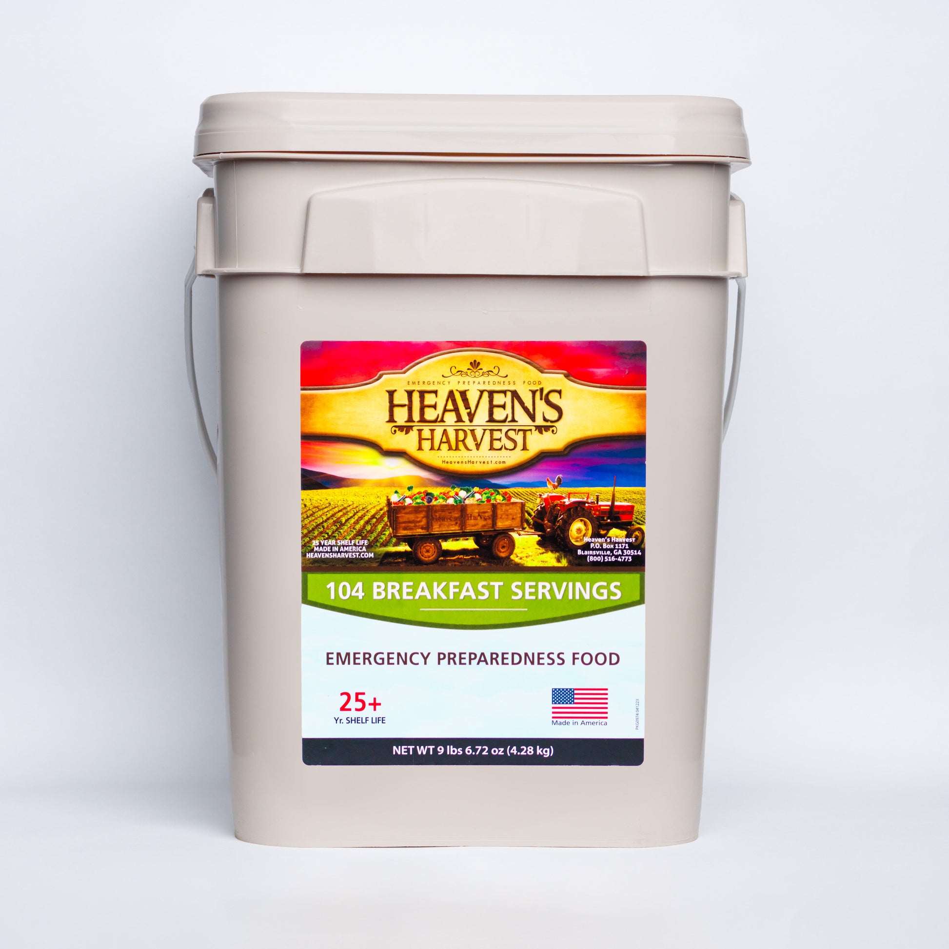 Heaven's Harvest breakfast bucket with 104 servings of emergency survival food for one person, designed for one month.