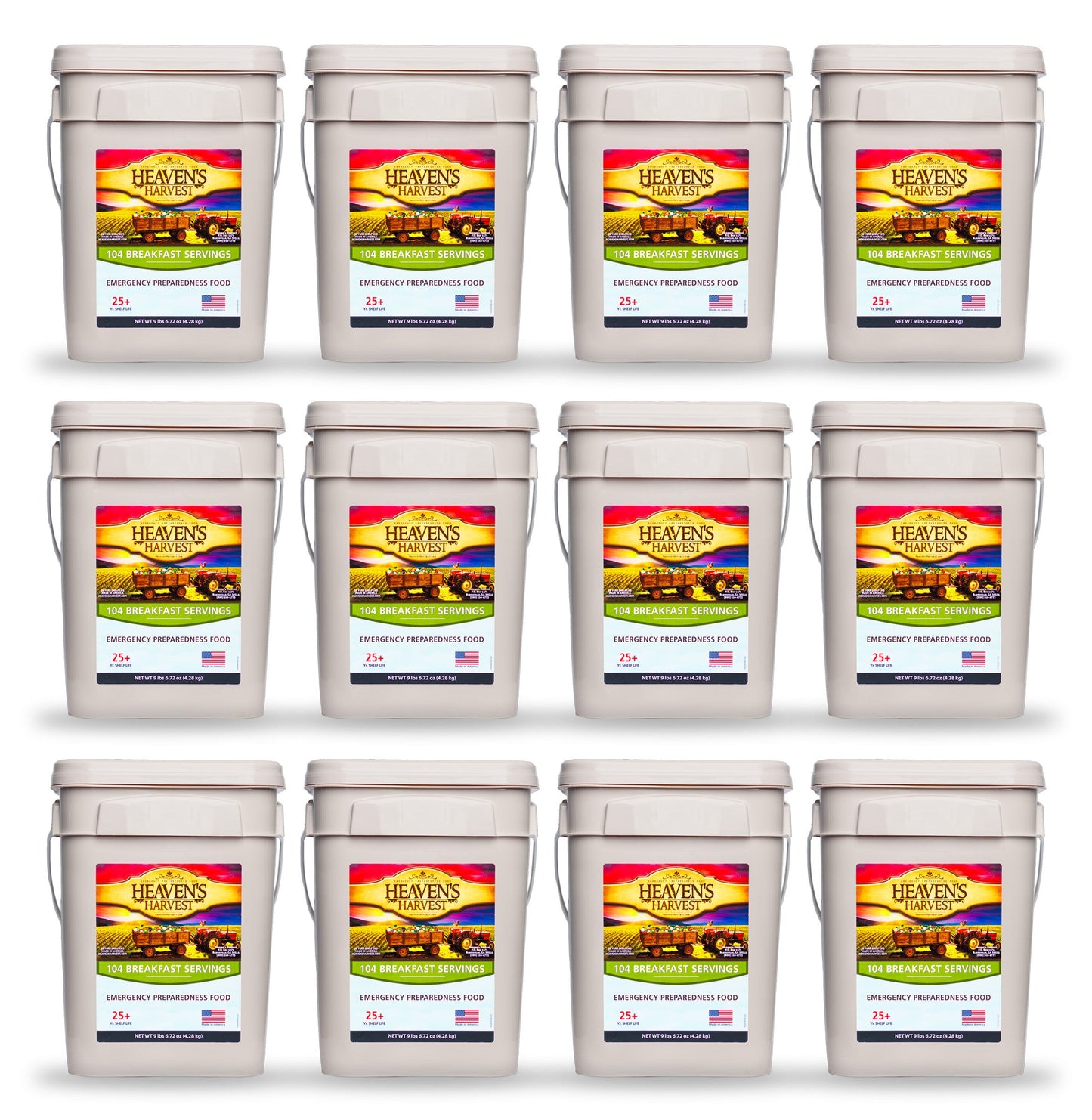Heaven's Harvest Breakfast Bucket 12-pack emergency survival food kit with assorted breakfast items in sealed containers.