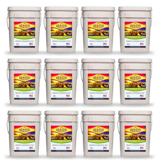 Heaven's Harvest Breakfast Bucket 12-pack emergency survival food kit with assorted breakfast items in sealed containers.