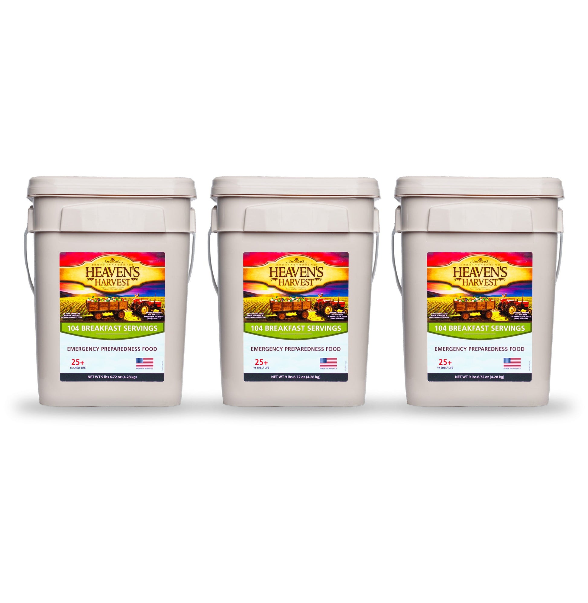 Heaven's Harvest Breakfast Bucket 3 Pack emergency survival food kit with breakfast options and storage buckets.
