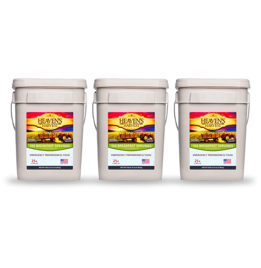 Heaven's Harvest Breakfast Bucket 3 Pack emergency survival food kit with breakfast options and storage buckets.