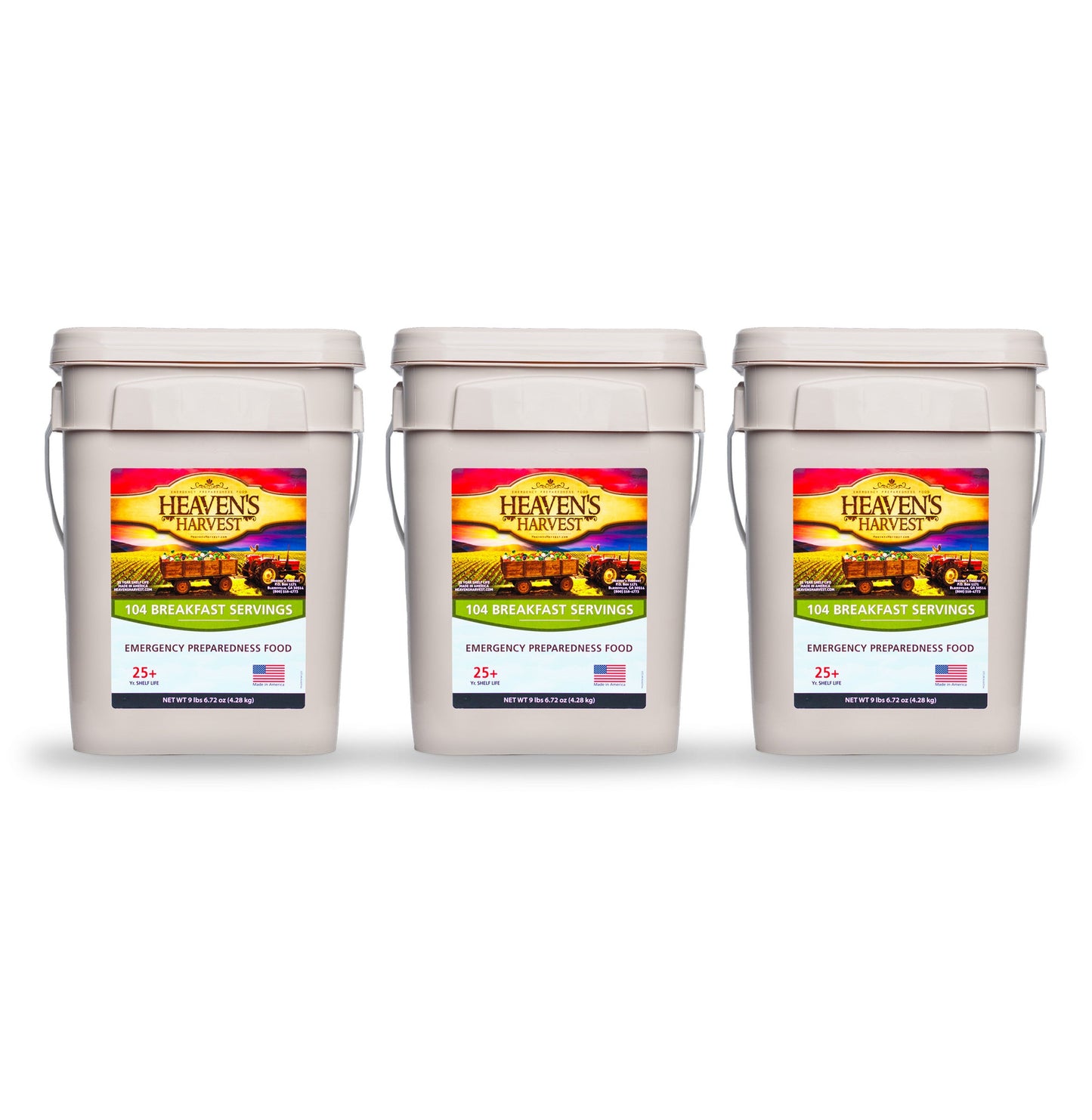Heaven's Harvest 3-week freeze-dried survival food kit with breakfast and drink options in a durable bucket for emergency preparedness.
