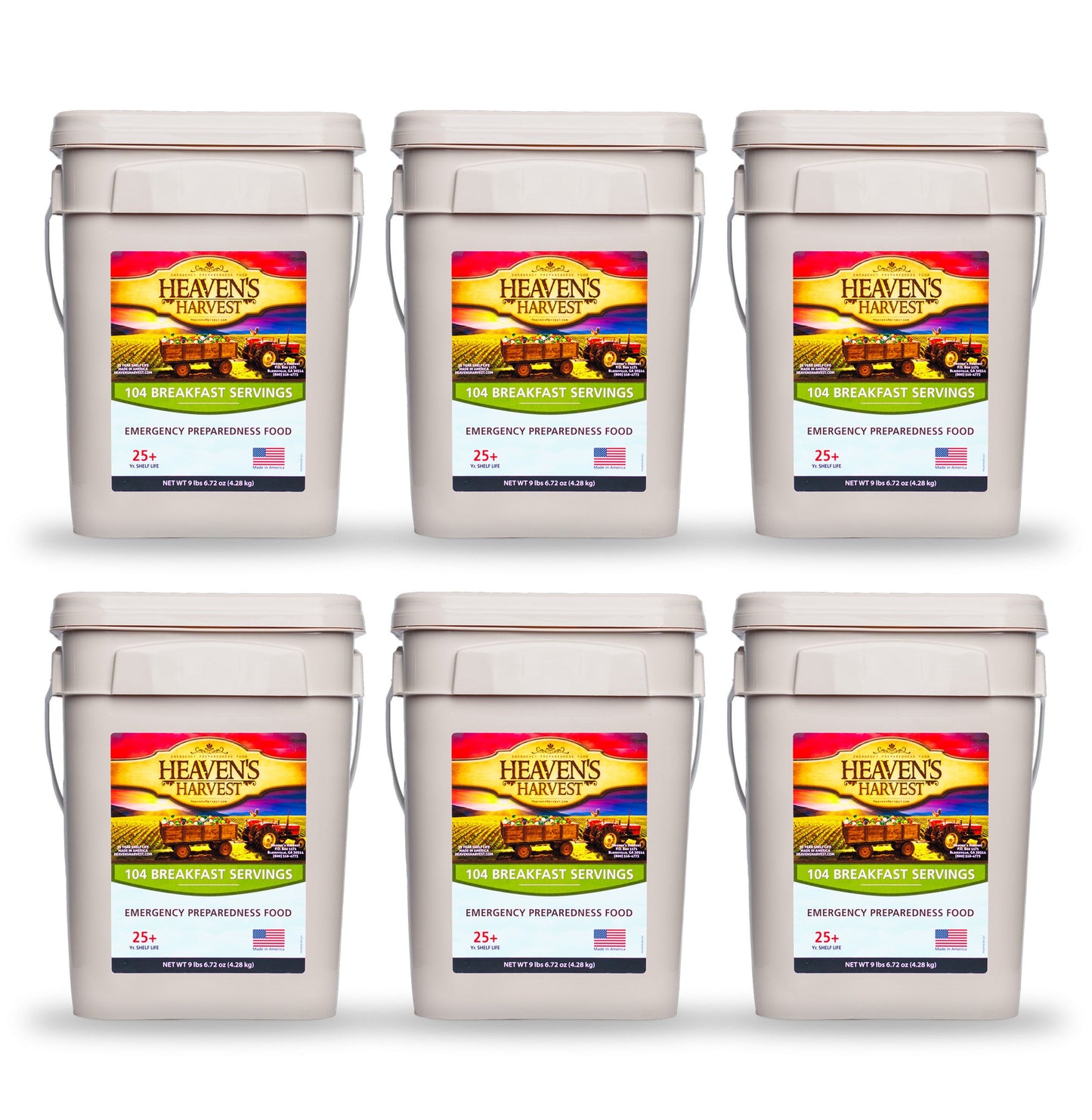 Heaven's Harvest breakfast bucket with 104 servings of emergency survival food for one person, including various breakfast items.