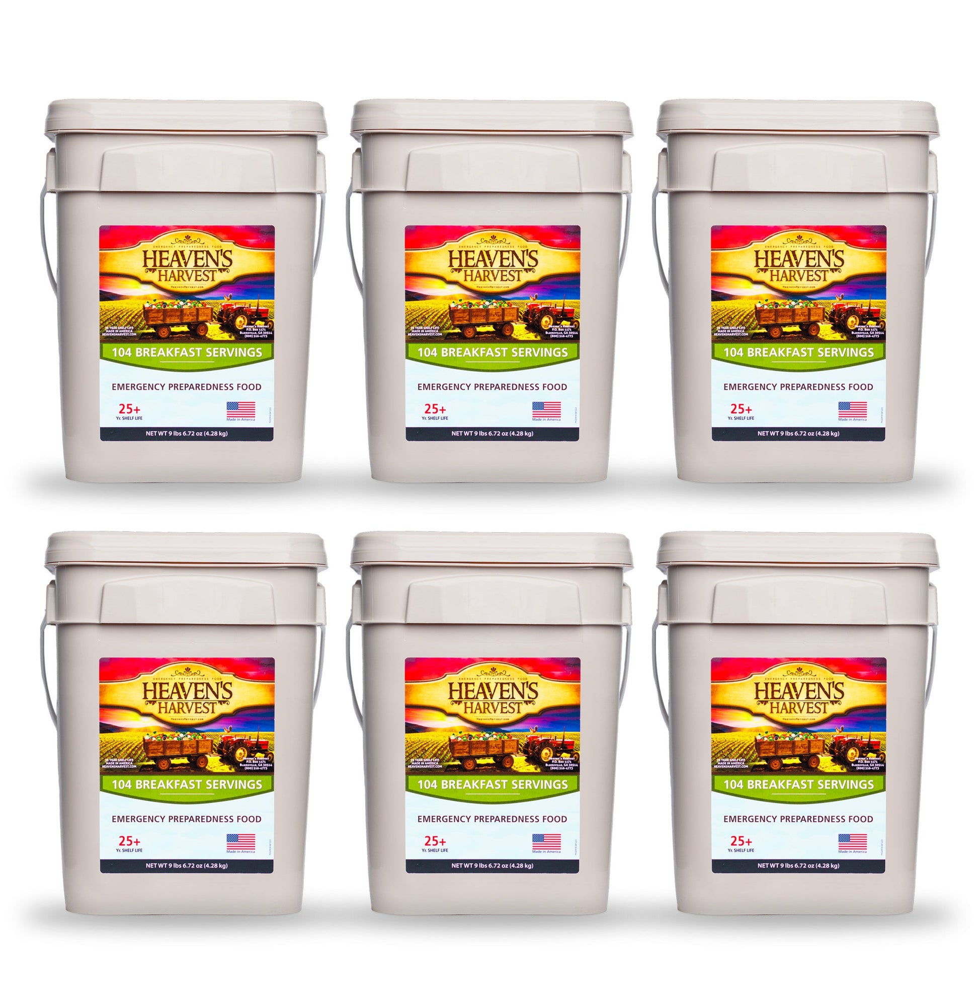 Heaven's Harvest Breakfast Bucket 6-pack emergency survival food kit with ready-to-eat breakfast options in sealed pouches.