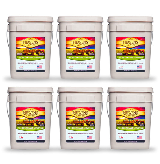 Heaven's Harvest Breakfast Bucket 6-pack emergency survival food kit with ready-to-eat breakfast options in sealed pouches.