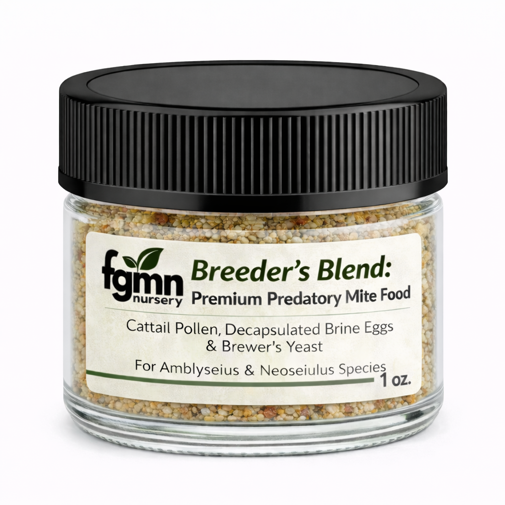 Breeder's Blend predatory mite supplemental diet by FGMN Nursery, featuring a blend of nutrients for mite care and health.