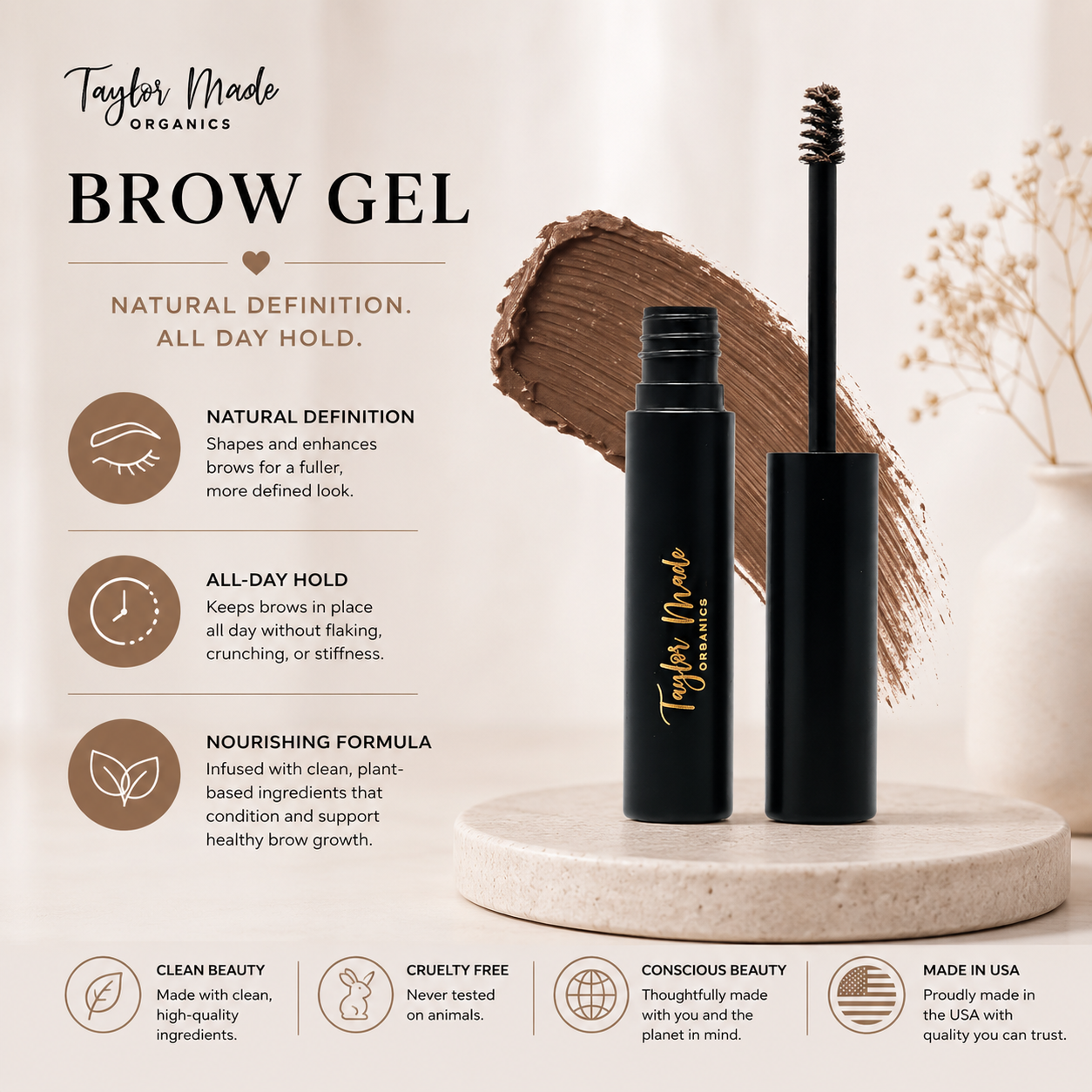 Taylor Made Organics brow gel with tint for natural brow tinting and taming, showcasing a brush applying product on brows.