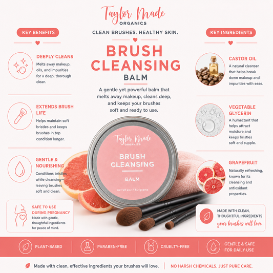 Taylor Made Organics sulfate-free brush cleansing balm for makeup tools, shown in a sleek jar with a creamy texture.