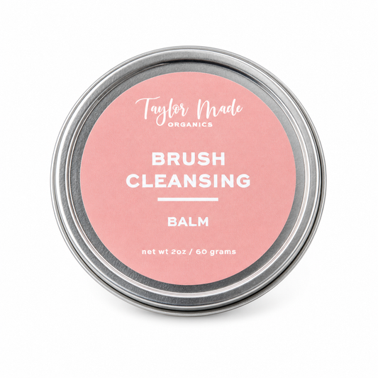 Taylor Made Organics Brush Cleansing Balm for makeup tools, sulfate-free, in a jar with a smooth balm texture.