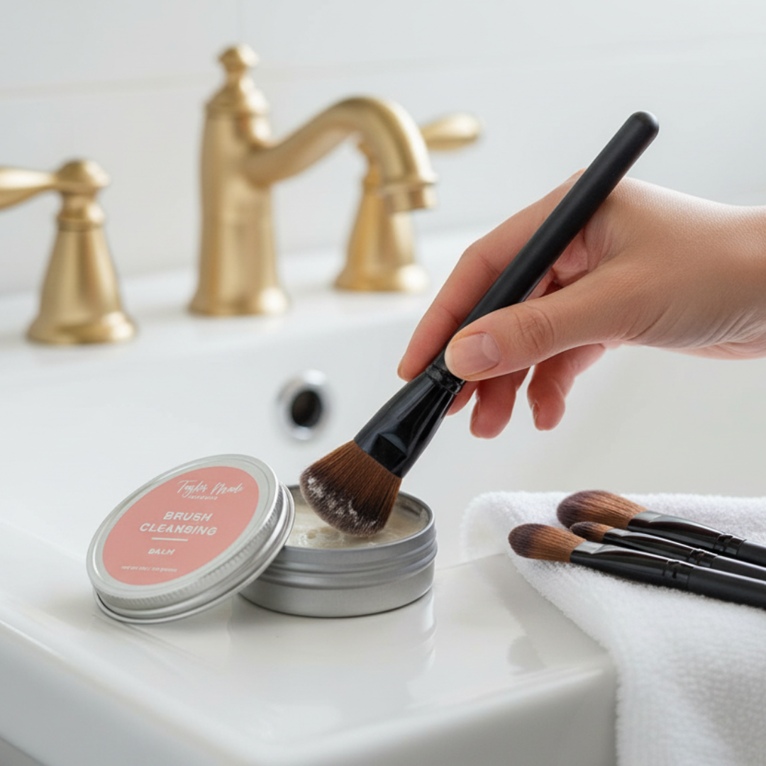Taylor Made Organics sulfate-free brush cleansing balm for makeup brushes, shown in a sink with a brush submerged.