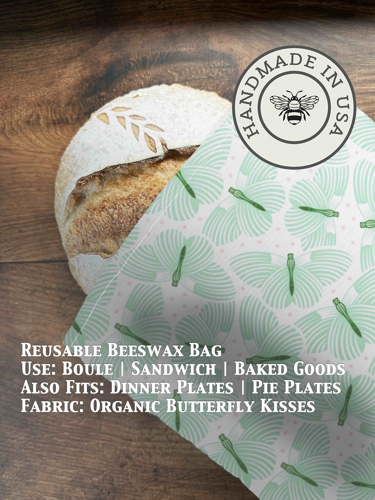 Beeswaxed bread bag from Five Oaks Farm with butterfly kiss design, eco-friendly reusable bread storage solution.