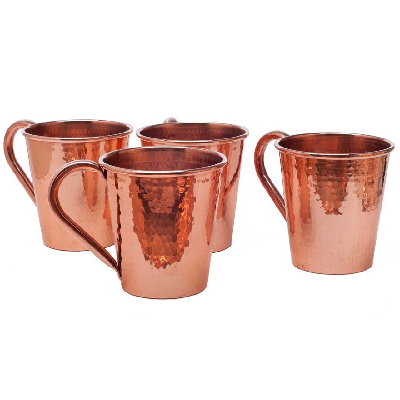 Set of four Sertodo 18 oz solid copper mule mugs with copper handles, perfect for Moscow mule cocktails.