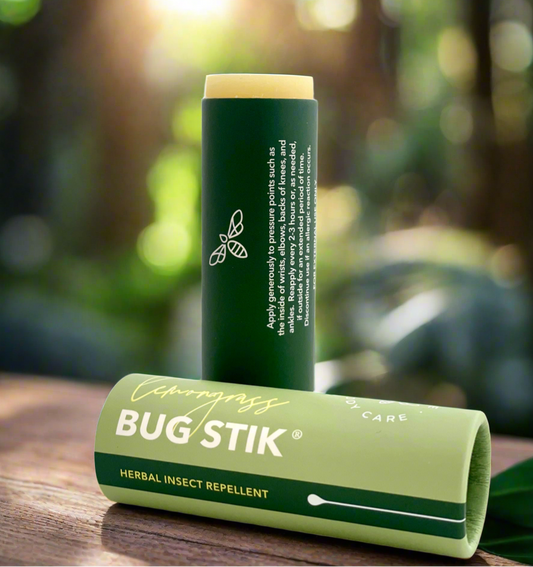 Herbal insect repellent BugStik®️ by BannerBee Company LLC, featuring a natural herbal stick for body care, shown in the image.