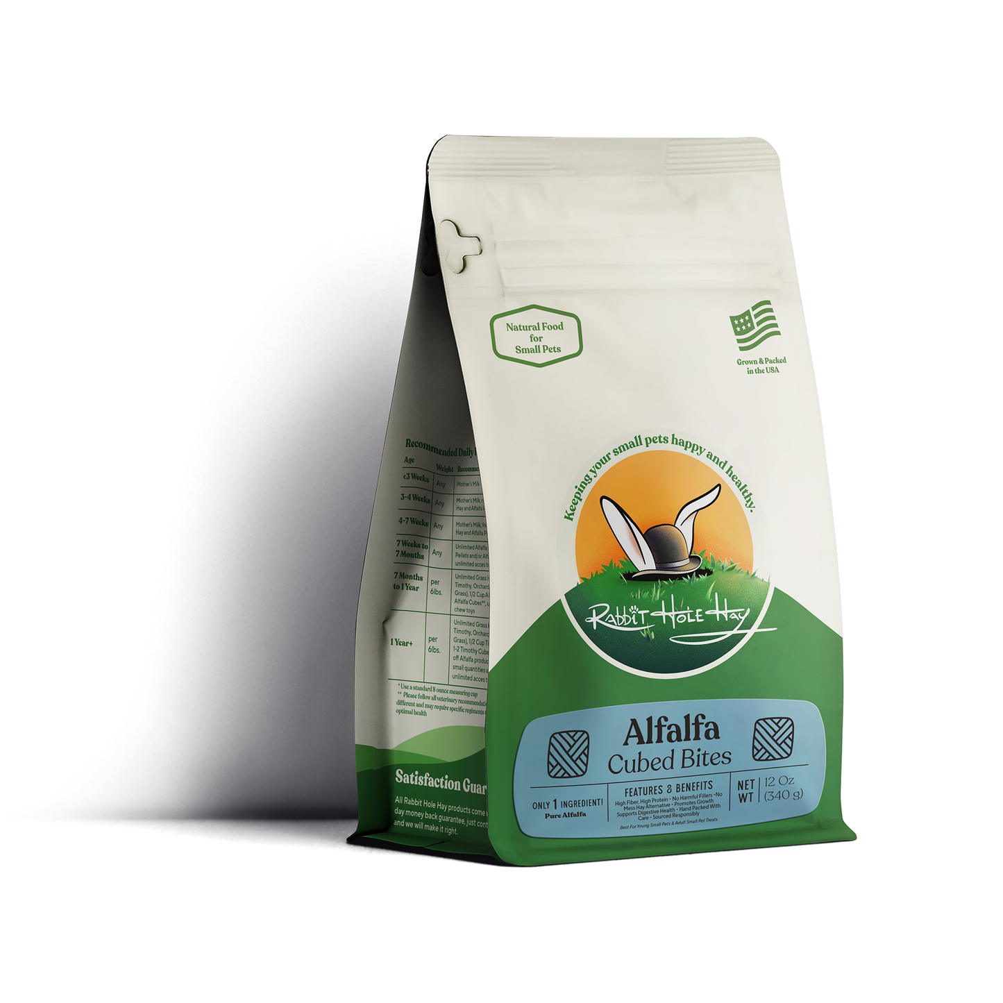 Natural alfalfa hay cubes from Rabbit Hole Hay, showing compressed green alfalfa cubes suitable for rabbit and small animal feed.